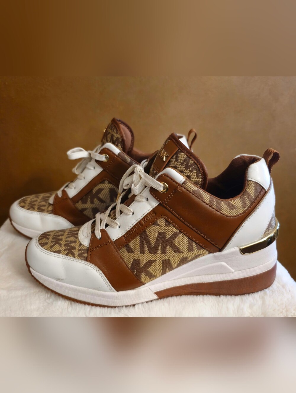 Michael Kors Brown & White MK Logo Wedge Sneakers - Picture 3 of 9